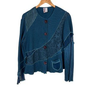 Neil & David Top Women Small Blue Art-to-Wear Thermal Lace Mesh Button Up Topper